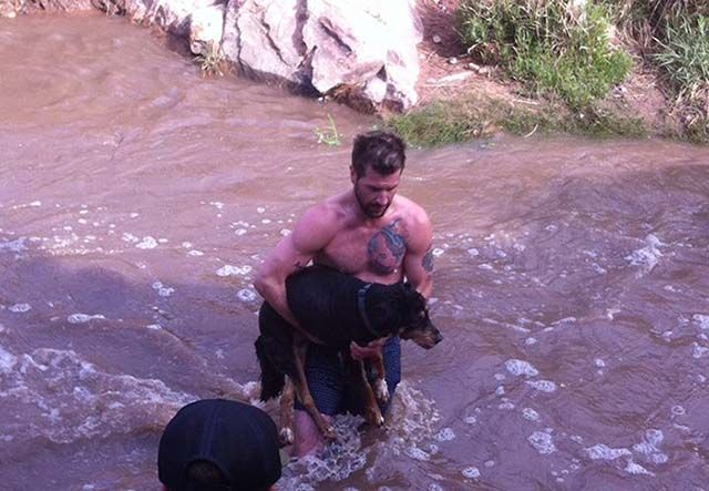 Heroe musculoso salva a una perra de ahogarse