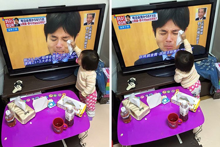 Niña limpia lagrimas de hombre en la tv Niña limpia lagrimas de hombre en la tv