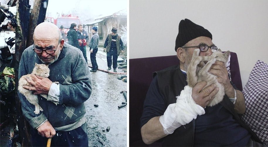 Este abuelo abraza a su gatito amado después de perderlo todo en un incendio, y ahora tienen un lugar seguro y cálido 1 Abuelo abraza a su gatito después de perder su casa en incendio