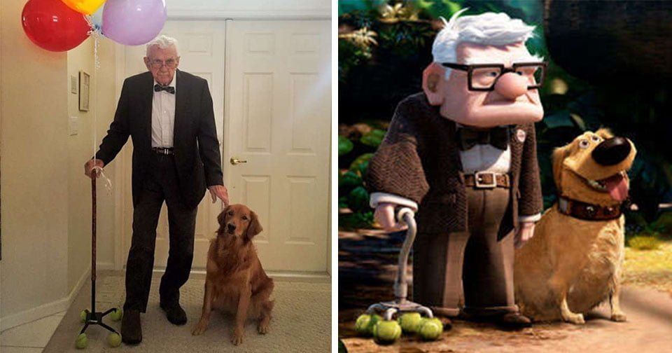 Dulce abuelo y su perro se disfrazan de personas de la película Up