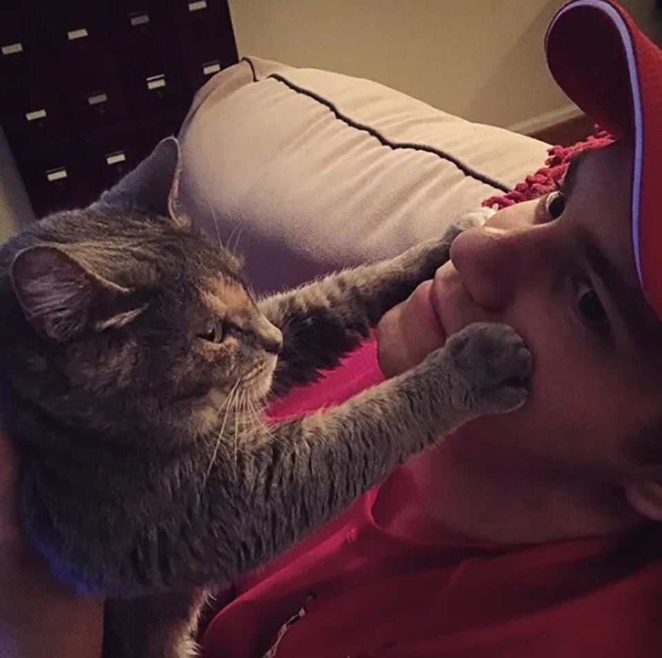 Este chico no pudo encontrar una cita para el baile de la escuela, así que llevó a su gatita 9 Gatita pone sus patas en la cara de su padre