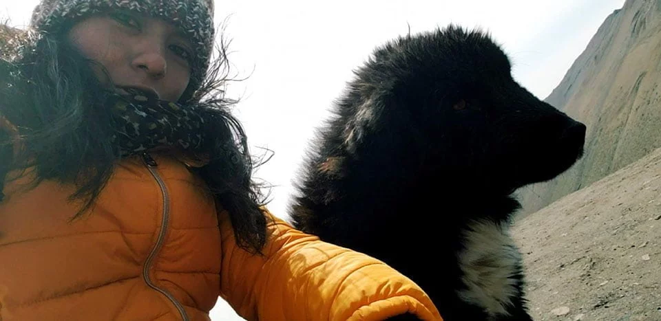 Perrito guía a los visitantes de la famosa Montaña de los Siete Colores a cambio de cariño 4 Mujer y adorable perro