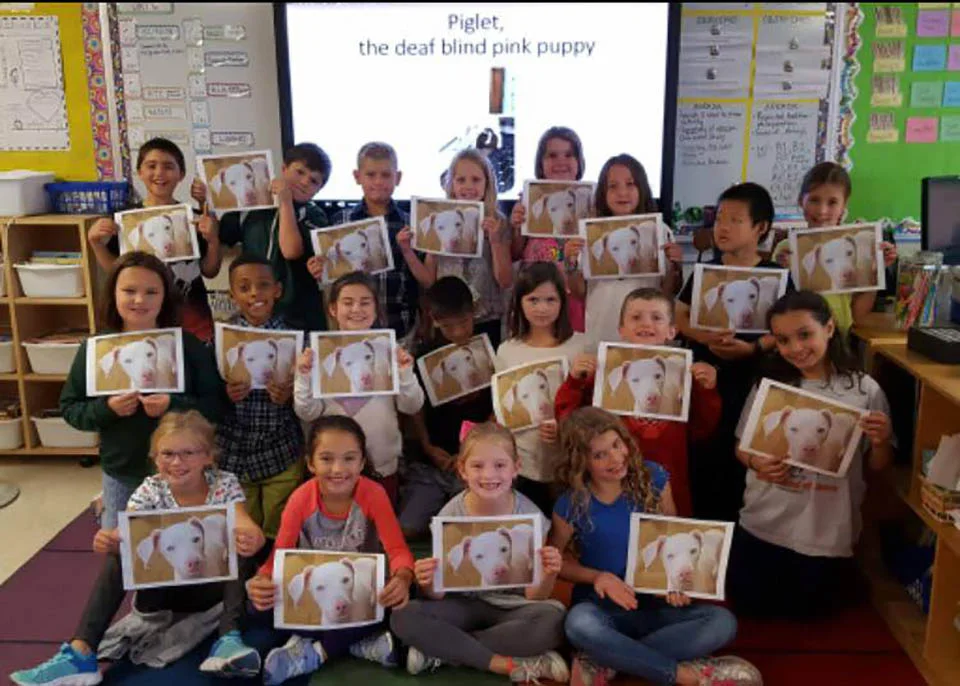 Niños con fotografía de perrito rosa