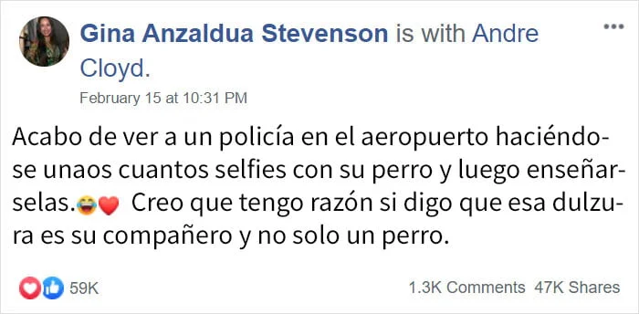Publicación Facebook Andre Cloyd y su perro por Gina Anzaldua Publicación Facebook Andre Cloyd y su perro por Gina Anzaldua