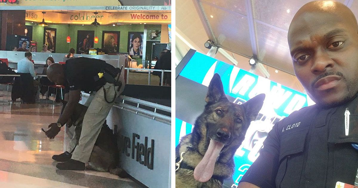 policía y su perro de servicio se toman selfies