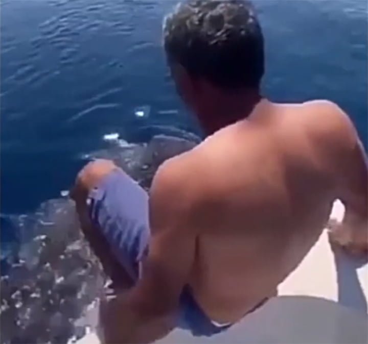 Hombre salta sobre un tiburón ballena y se aferra a su aleta dorsal 9 Hombre en bote