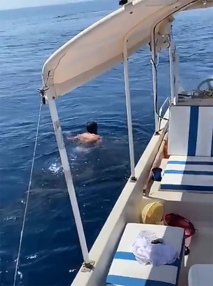 Hombre salta sobre un tiburón ballena y se aferra a su aleta dorsal 13 Hombre monta ballena