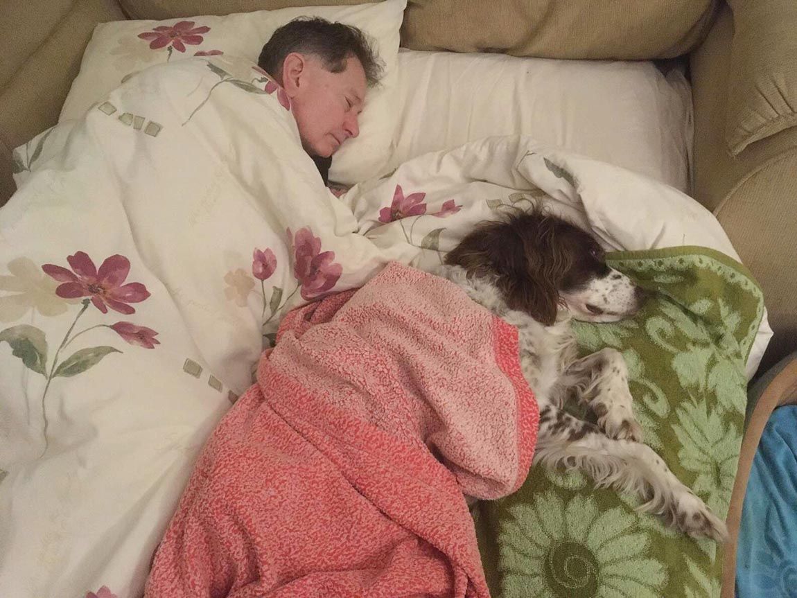 Familia se turna para dormir en el sofá con su perro mayor