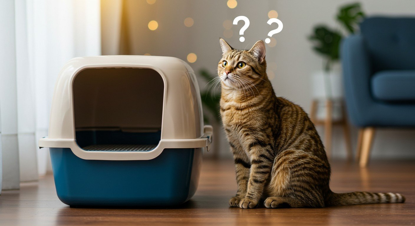 Gato desconcertado junto a su caja de arena