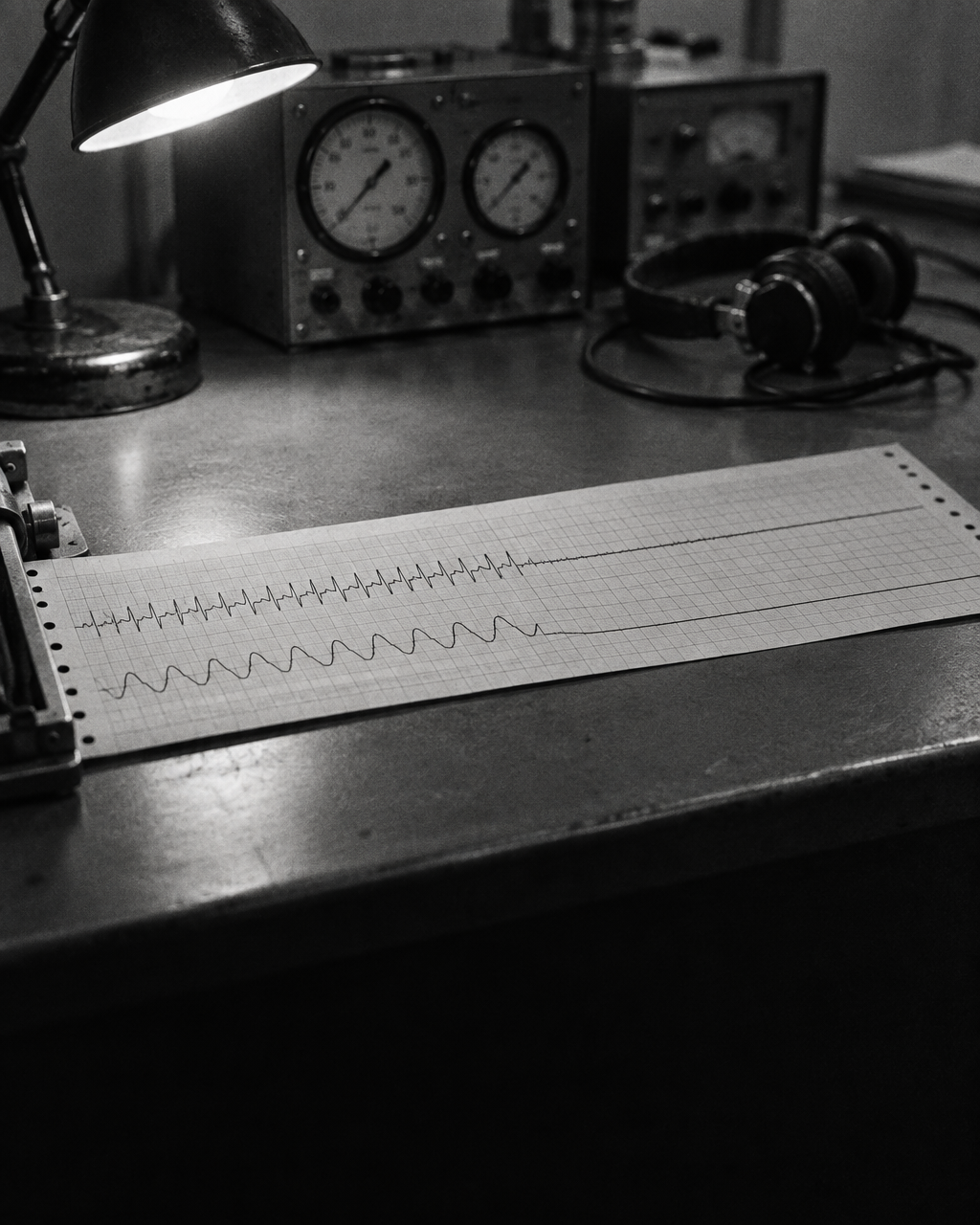 Tira de papel de telemetría de los años cincuenta con trazos de pulso y respiración que se vuelven planos a la mitad del registro, sobre un escritorio metálico gris