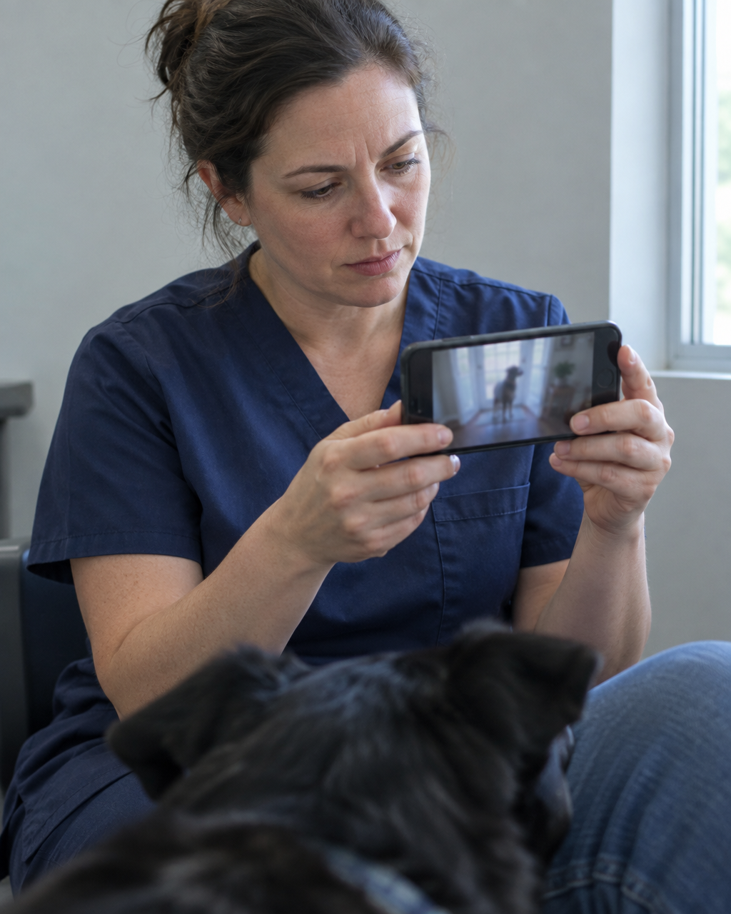 Por qué tu perro muerde la puerta, pero no toca su comida, cuando se queda solo 4 Especialista en conducta veterinaria con camisa quirúrgica azul marino revisa en un teléfono un video casero pausado, donde apenas se distingue un perro junto a una puerta