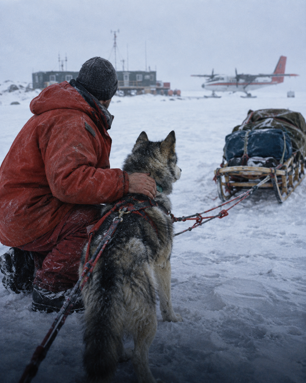 Un hombre con parka roja engancha un husky a las cuerdas de un trineo cargado, con una base antártica y un avión de esquís al fondo