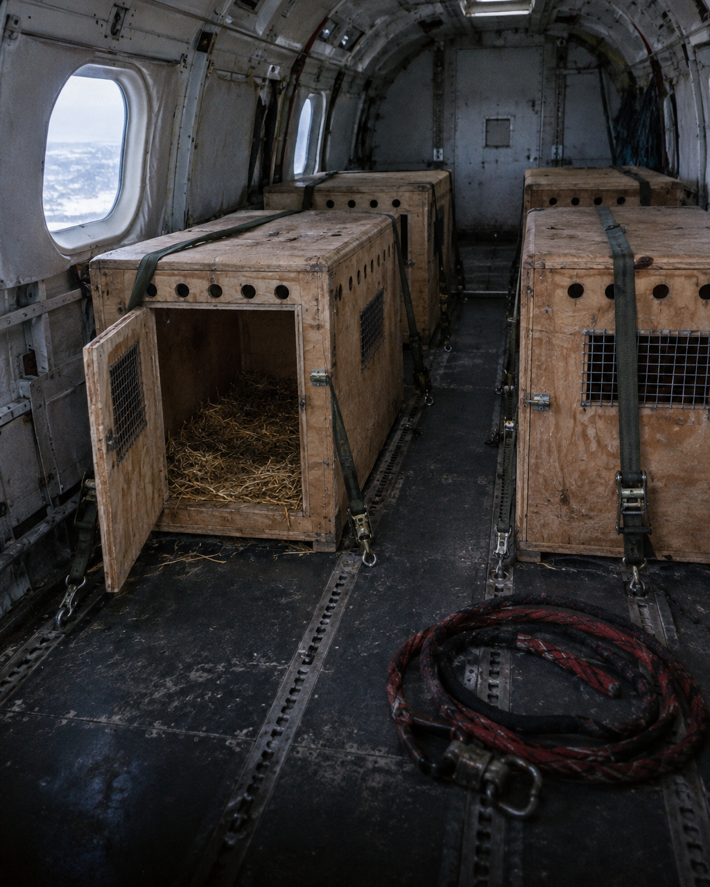 Cabina de carga de un avión pequeño con cuatro jaulas de madera para perros sujetas al piso con correas, una de ellas abierta y vacía