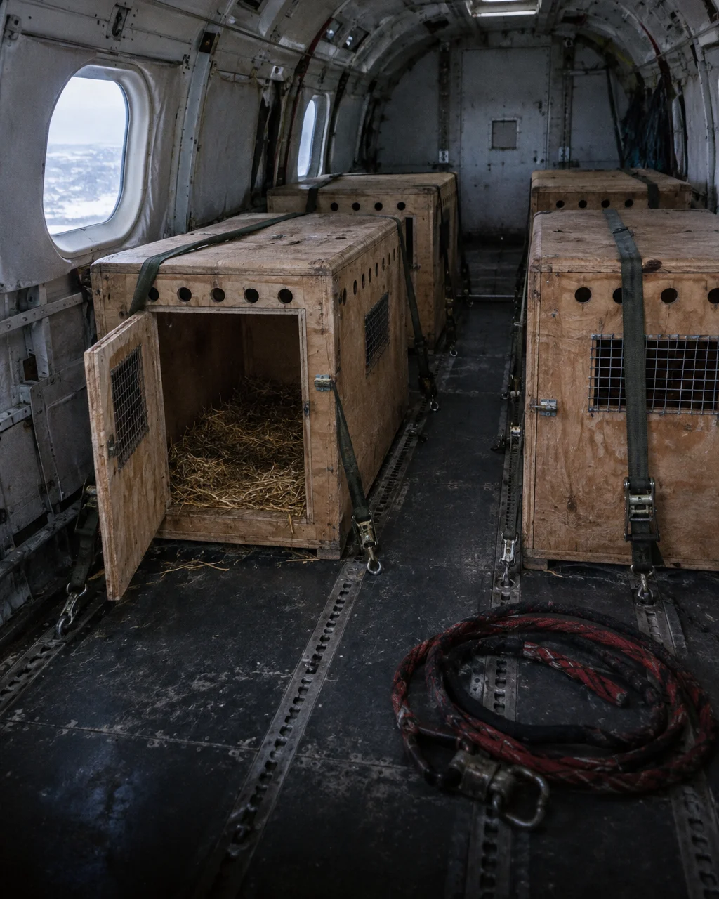 Cabina de carga de un avión pequeño con cuatro jaulas de madera para perros sujetas al piso con correas, una de ellas abierta y vacía
