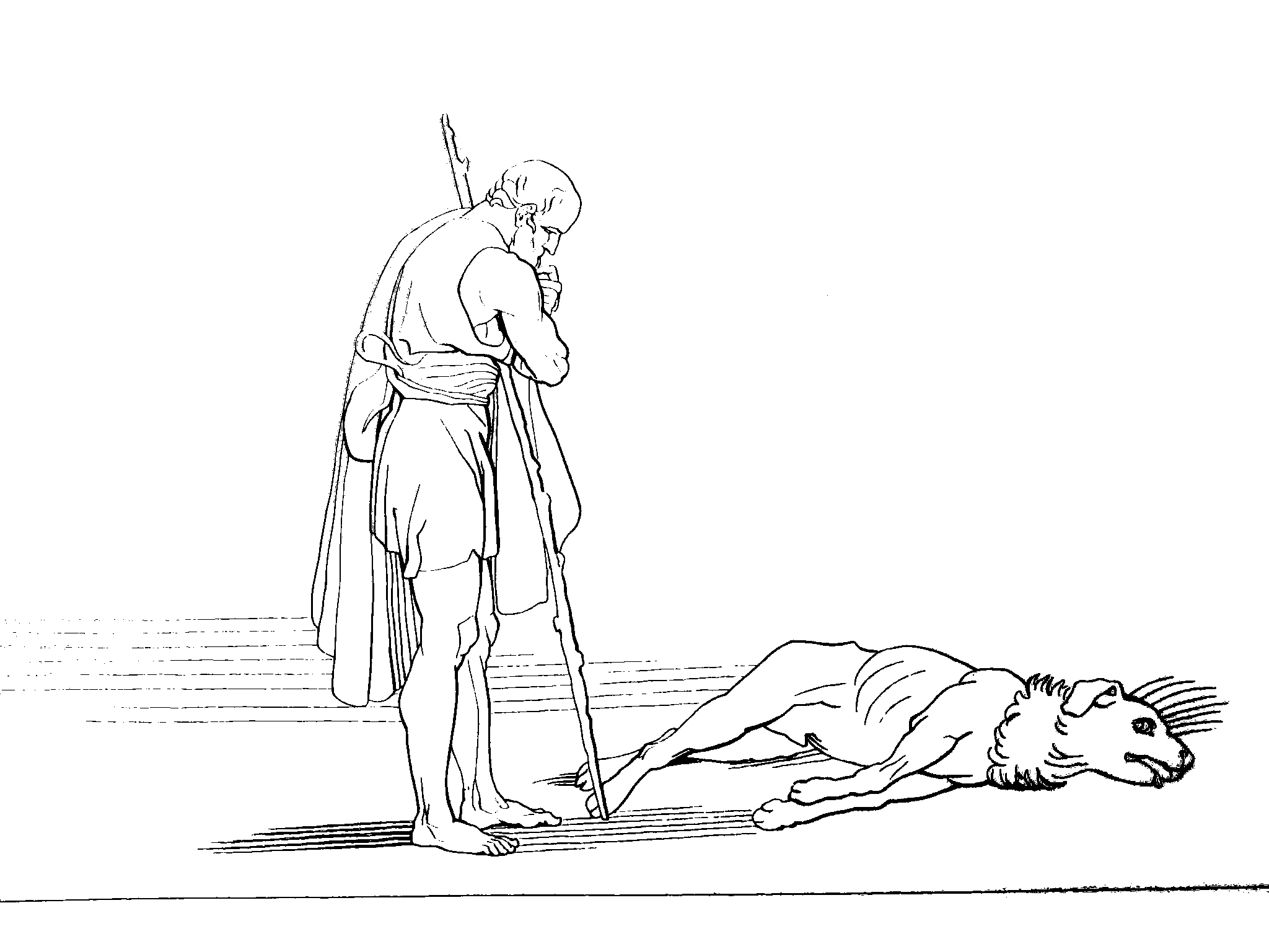 Ilustración de John Flaxman para la Odisea en la que Ulises aparece ante su perro Argos