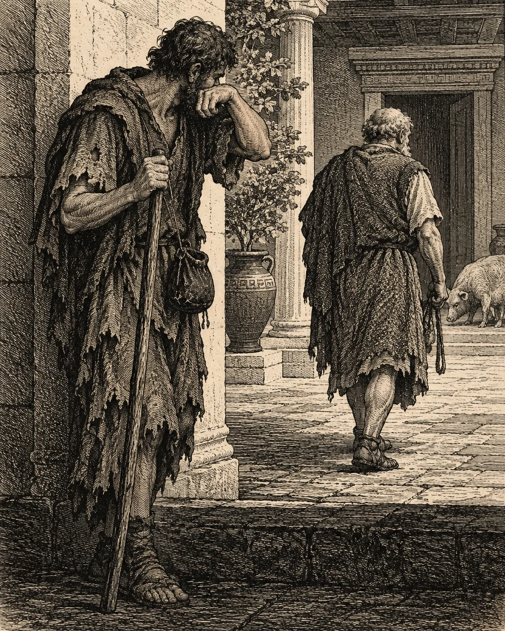Ilustración en estilo de grabado en tinta negra: un hombre barbudo con harapos de mendigo, bolsa de cuero y bastón aparta la cara y se seca una lágrima en el umbral de un patio griego antiguo