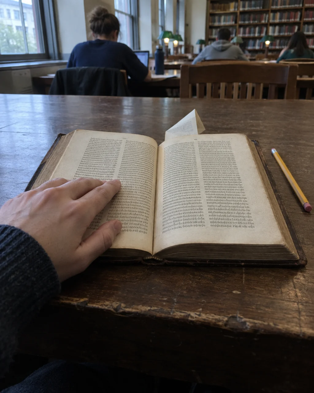 Edición antigua de la Odisea encuadernada en cuero, abierta sobre una mesa de madera gastada en una sala de lectura, con el dedo de un lector apoyado en la página y un papel doblado como separador