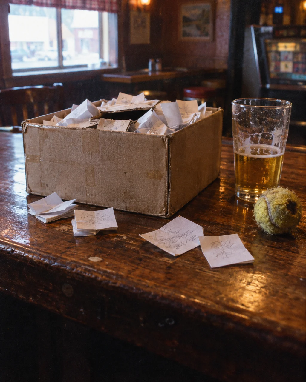 Un perro ganó una elección en California y el diario oficial chino lo usó contra la democracia 4 Caja de zapatos llena de papeletas dobladas sobre la barra de madera de una taberna, junto a un vaso de cerveza a medio tomar y una pelota de tenis mordida