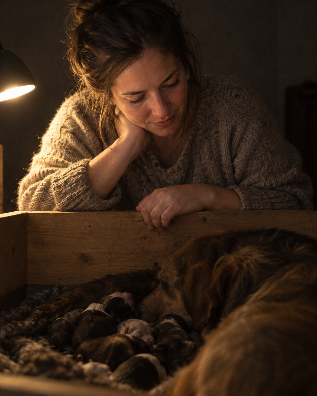 Mujer con suéter tejido arrodillada de noche junto a una caja de parto de madera baja, iluminada de lado por una lámpara pequeña, observando con atención