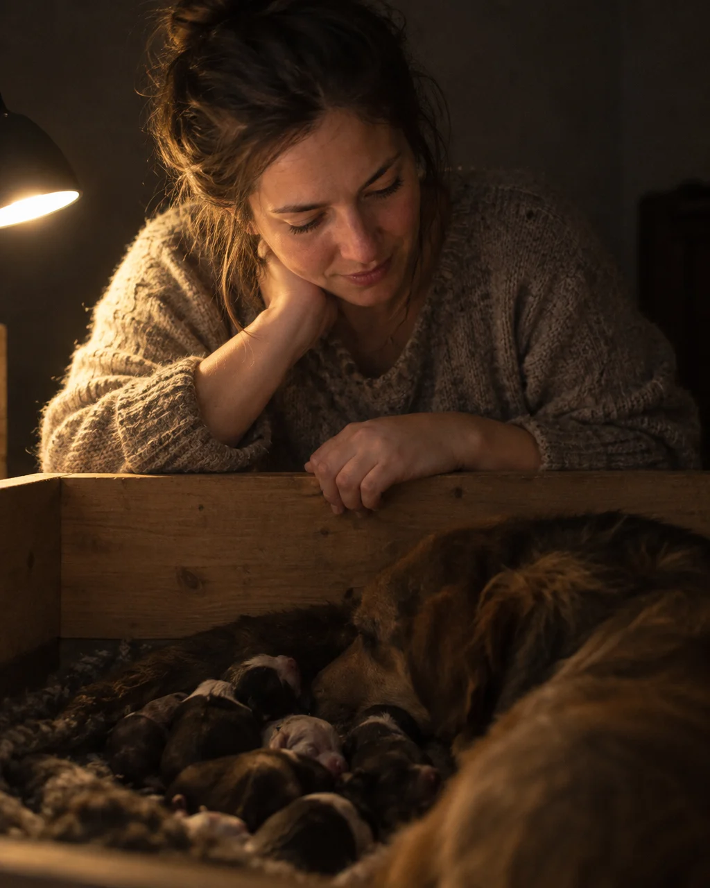 Nace ciego, sordo y sin poder calentarse: así encuentra un cachorro a su madre 3 Mujer con suéter tejido arrodillada de noche junto a una caja de parto de madera baja, iluminada de lado por una lámpara pequeña, observando con atención