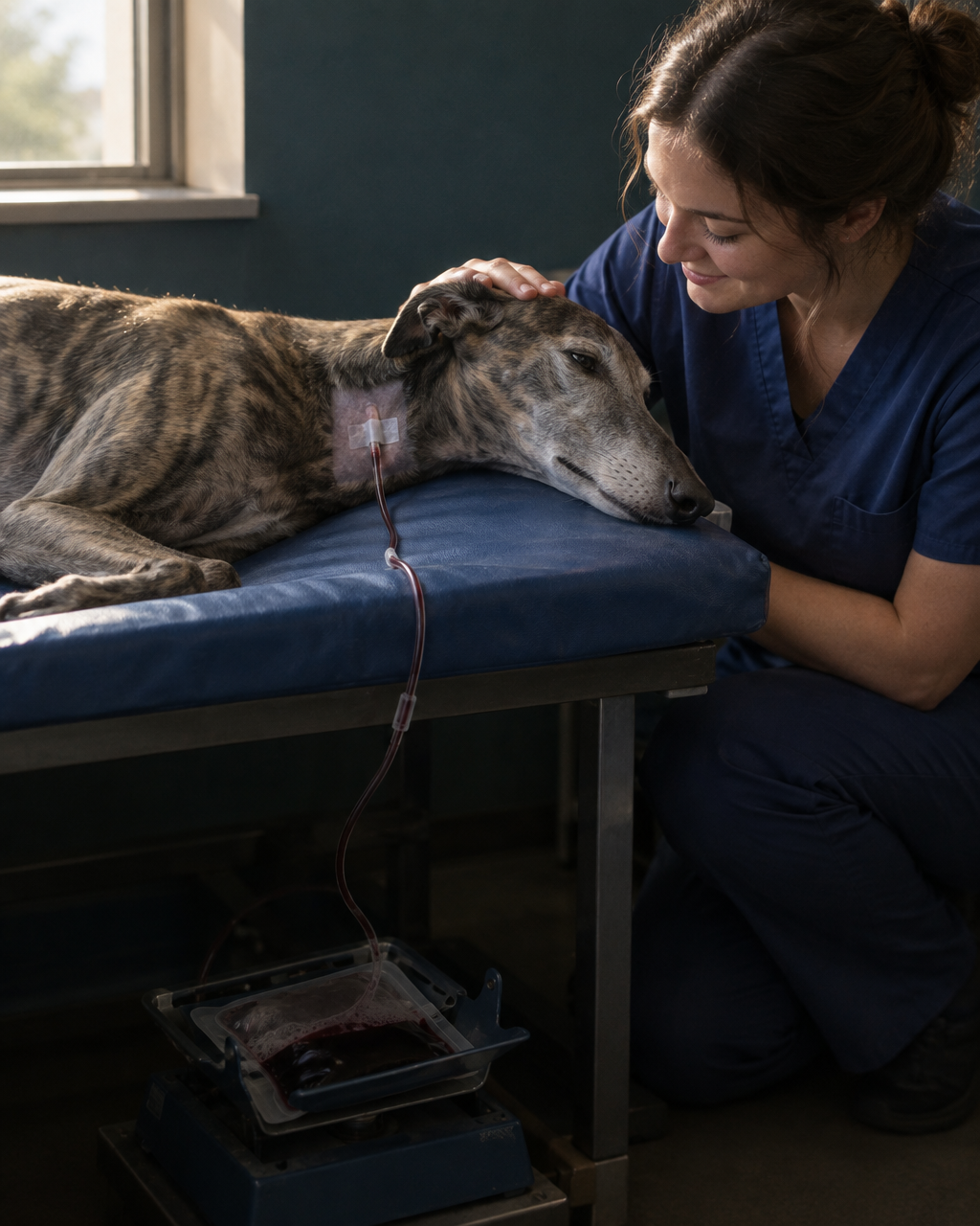 A algunos dálmatas les falta una marca que casi todo perro lleva en la sangre 3 Galgo gris atigrado acostado de lado sobre una colchoneta azul, con un pequeño rectángulo rasurado en el cuello, en una sala de donación de sangre de un hospital veterinario