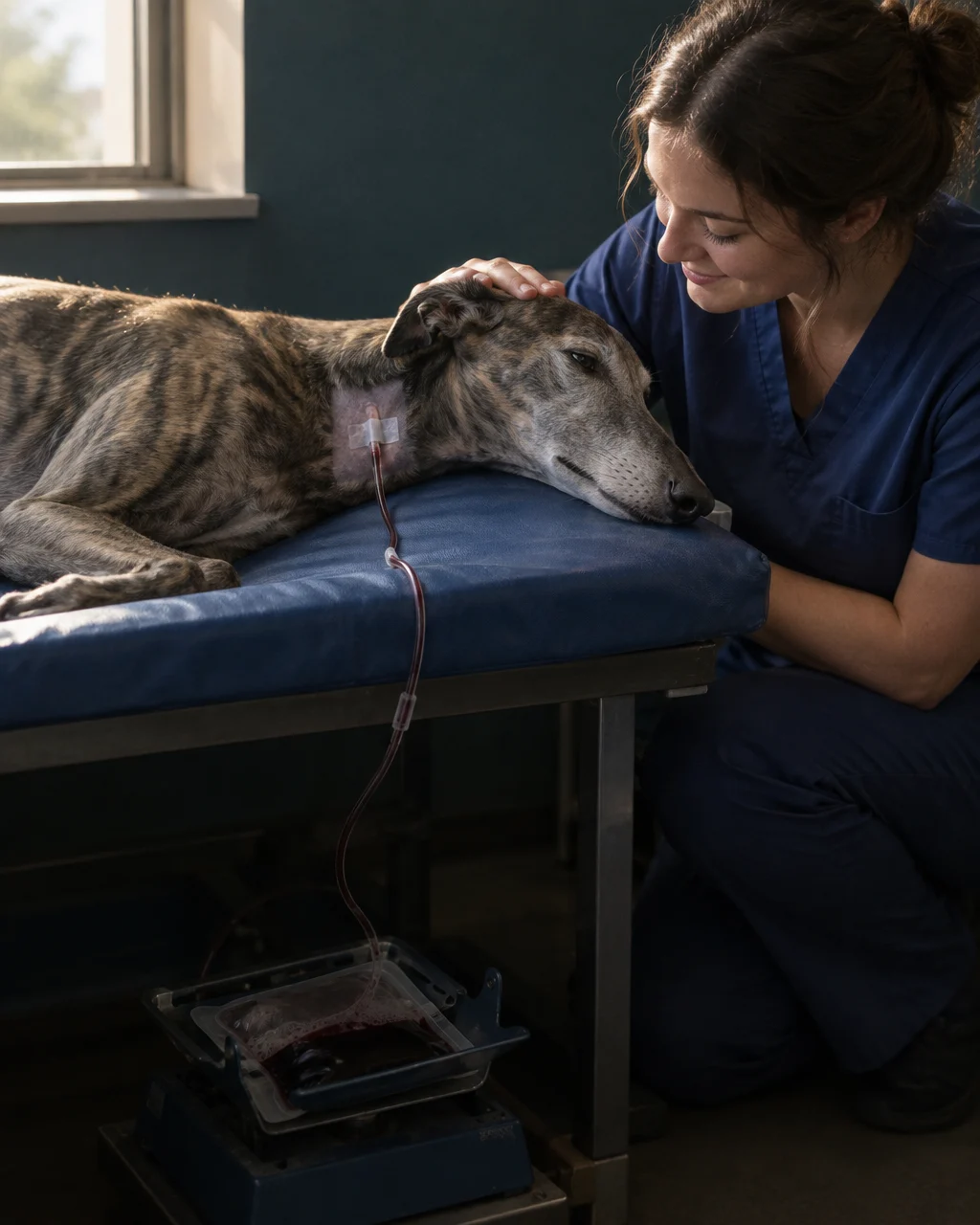 Galgo gris atigrado acostado de lado sobre una colchoneta azul, con un pequeño rectángulo rasurado en el cuello, en una sala de donación de sangre de un hospital veterinario