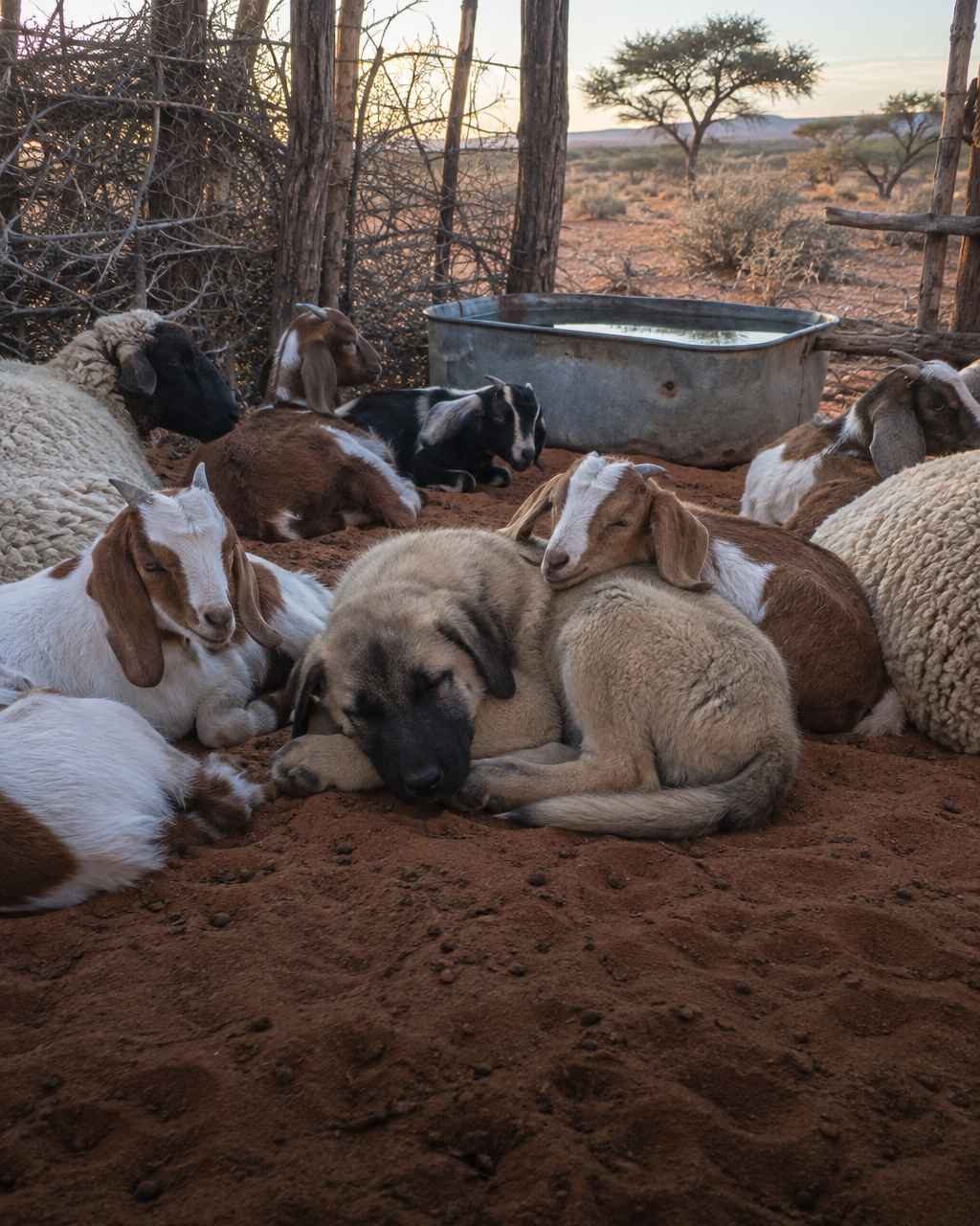 El mamífero terrestre más rápido puede asustarse de un bote de basura: en San Diego lo calma un perro 4 Un cachorro de pastor de Anatolia, de pelaje leonado y hocico negro, duerme enroscado entre cabritos y ovejas en un corral de palos y ramas espinosas sobre arena roja.