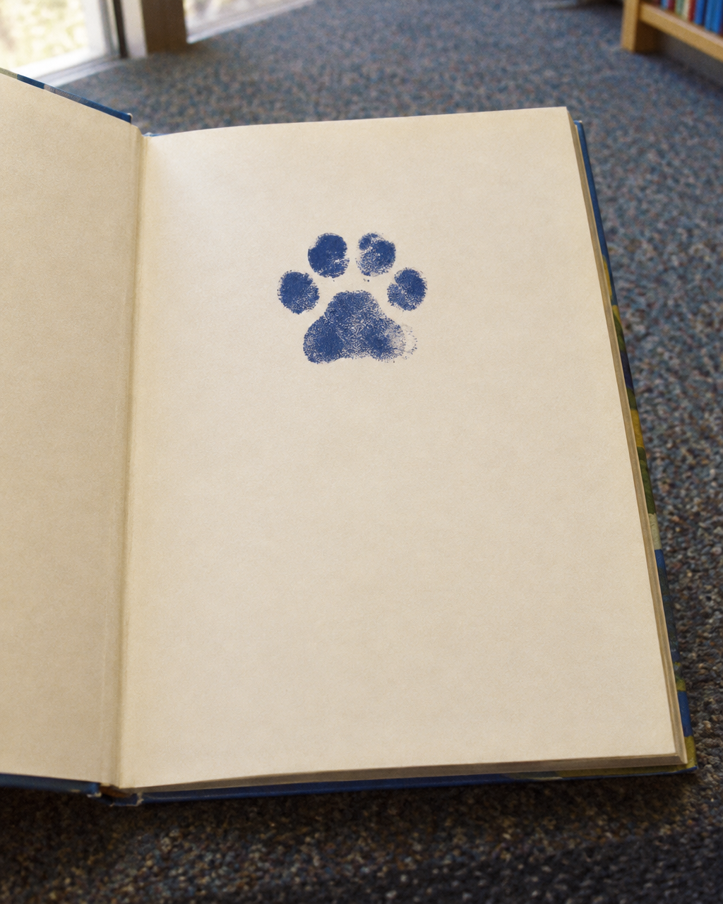 Leerle a un perro que no entiende el cuento: lo que descubrió un ensayo con 102 niños 4 Libro infantil nuevo abierto sobre la alfombra de una biblioteca, con una sola huella de pata de perro en el centro de la guarda en blanco