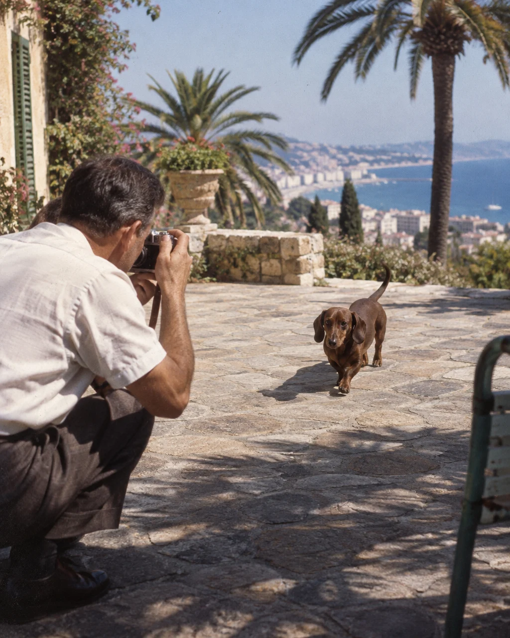 Picasso cambió el mastín de Las Meninas por un perro salchicha que llegó de visita 5 Fotógrafo de unos cuarenta años, con camisa de manga corta, agachado en una terraza de piedra soleada con palmeras y el mar al fondo, con una cámara frente al ojo