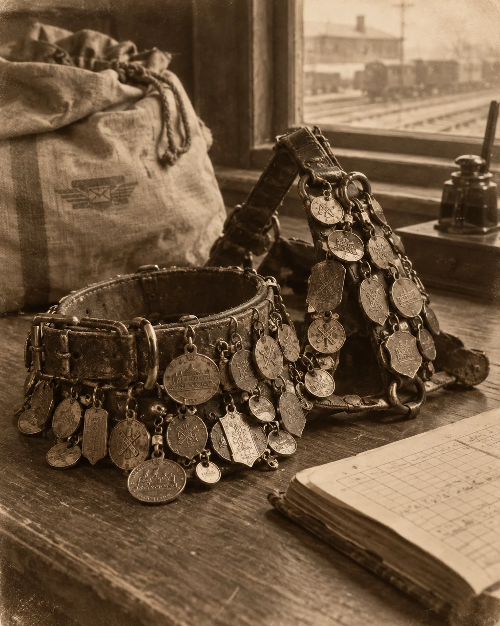 Mesa de conservación con el arnés y las chapas de Owney durante los trabajos de restauración