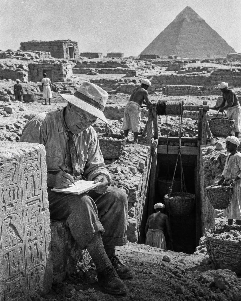 Abuwtiyuw, el perro guardián que un faraón mandó enterrar como a un noble 3 Imagen en blanco y negro con aspecto de foto de prensa antigua: un arqueólogo mayor, con ropa de campo arrugada y sombrero, sentado sobre una piedra junto al pozo de una tumba, copia a lápiz en una libreta los signos de un bloque de caliza; detrás trabajan obreros egipcios con cestas de fibra de palma.