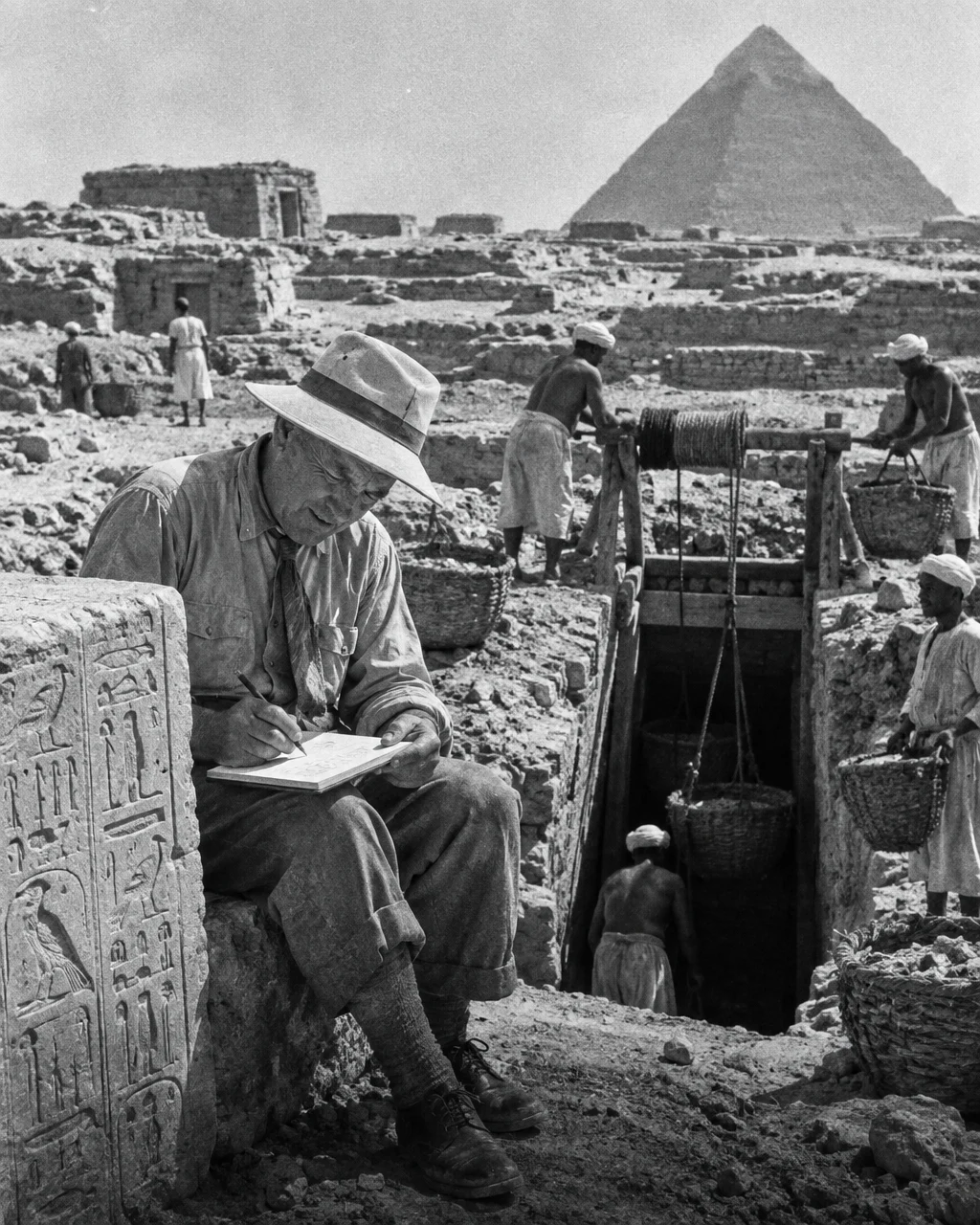 Imagen en blanco y negro con aspecto de foto de prensa antigua: un arqueólogo mayor, con ropa de campo arrugada y sombrero, sentado sobre una piedra junto al pozo de una tumba, copia a lápiz en una libreta los signos de un bloque de caliza; detrás trabajan obreros egipcios con cestas de fibra de palma.