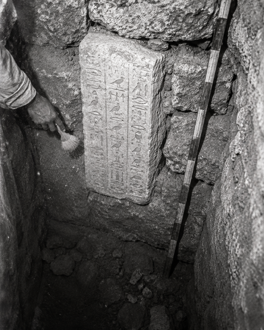 Abuwtiyuw, el perro guardián que un faraón mandó enterrar como a un noble 4 Imagen en blanco y negro con aspecto de foto de prensa antigua: dentro de un pozo estrecho excavado en la roca, un bloque blanco de piedra caliza con columnas de signos tallados aparece encajado entre piedras sin labrar en la pared de una cámara funeraria, junto a una regla de medir de madera.