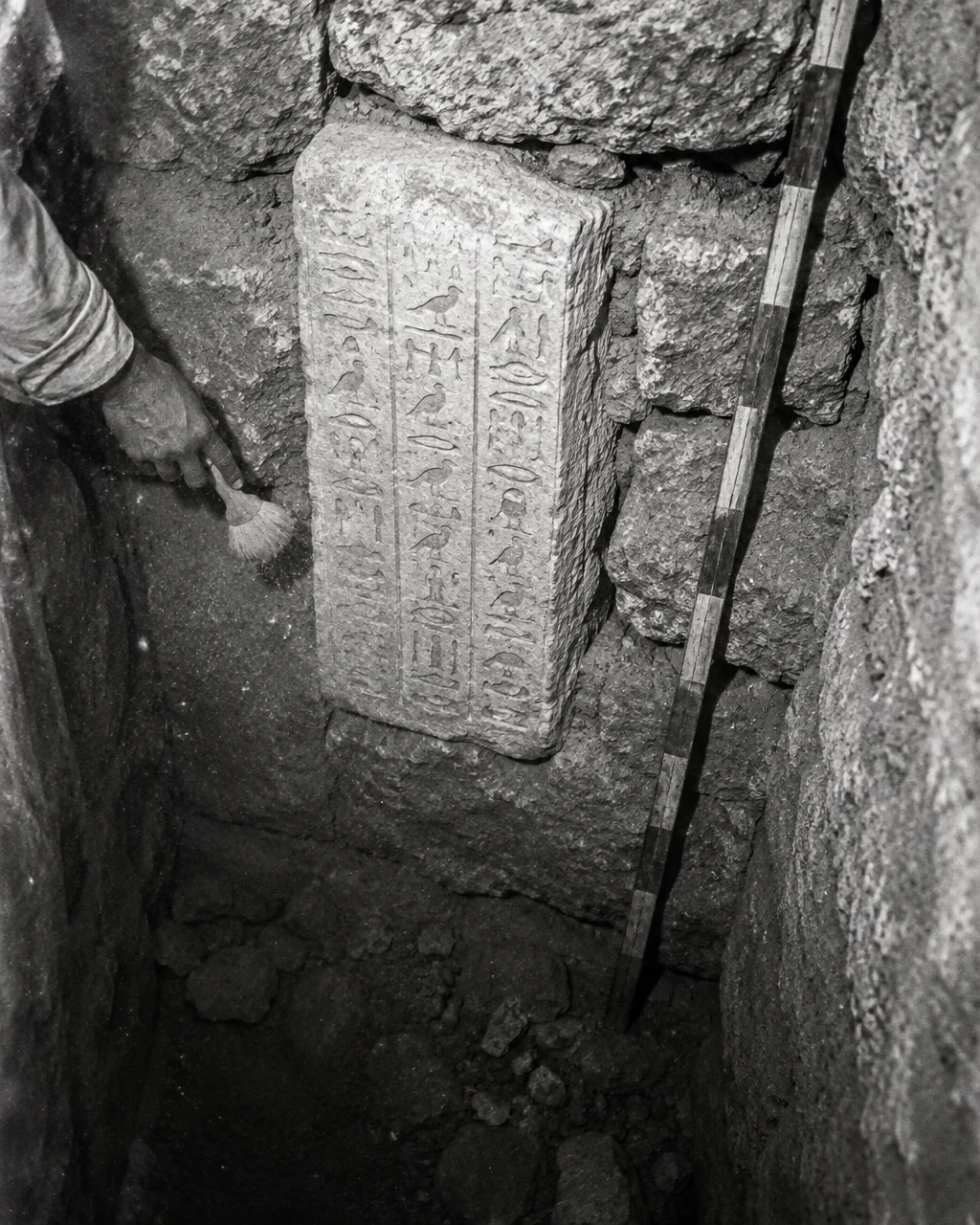 Imagen en blanco y negro con aspecto de foto de prensa antigua: dentro de un pozo estrecho excavado en la roca, un bloque blanco de piedra caliza con columnas de signos tallados aparece encajado entre piedras sin labrar en la pared de una cámara funeraria, junto a una regla de medir de madera.