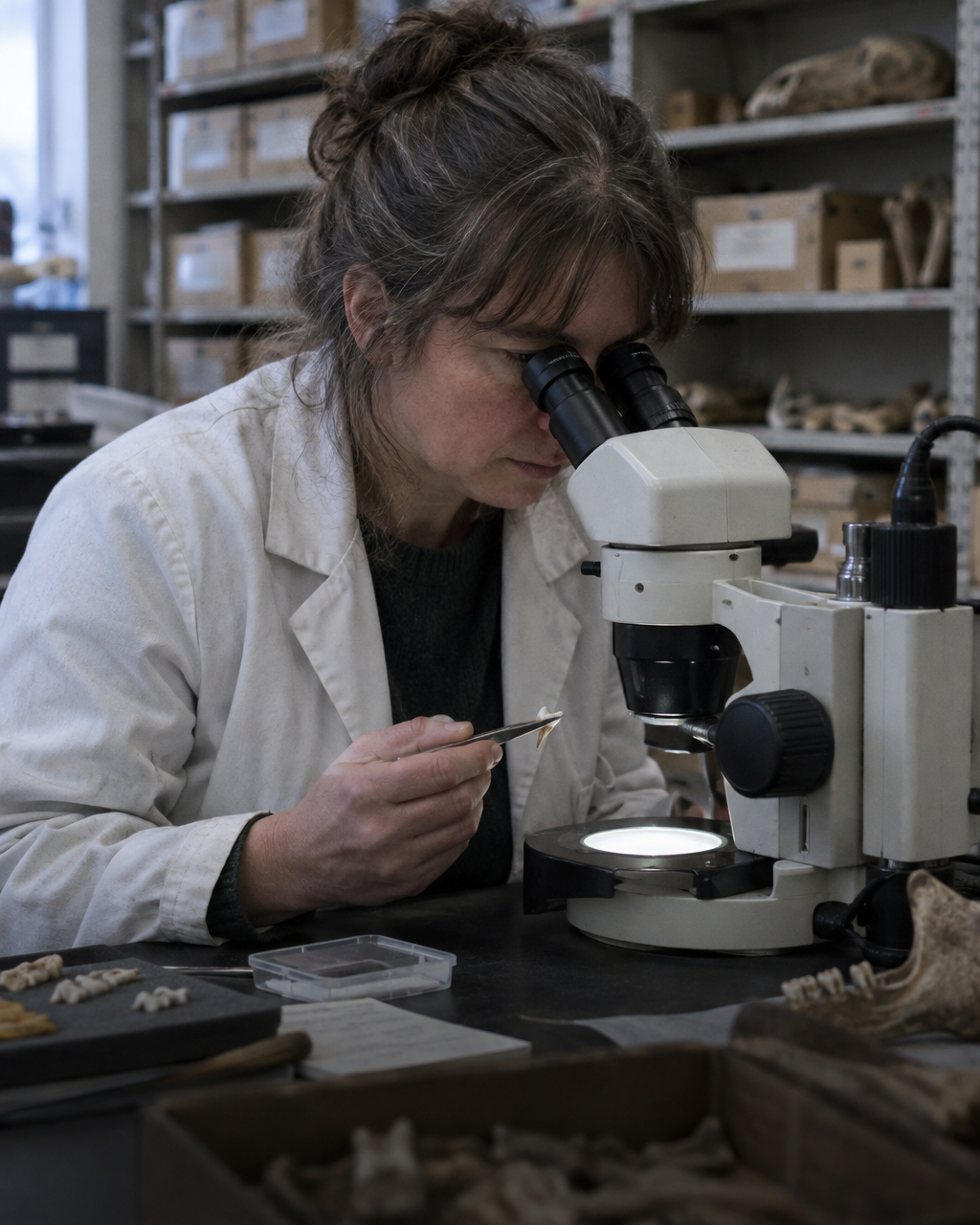 El cachorro que no debía haber sobrevivido al entierro de perro más antiguo bien documentado 4 Un investigador con bata de laboratorio inclinado sobre un microscopio binocular, sosteniendo con pinzas un pequeño diente