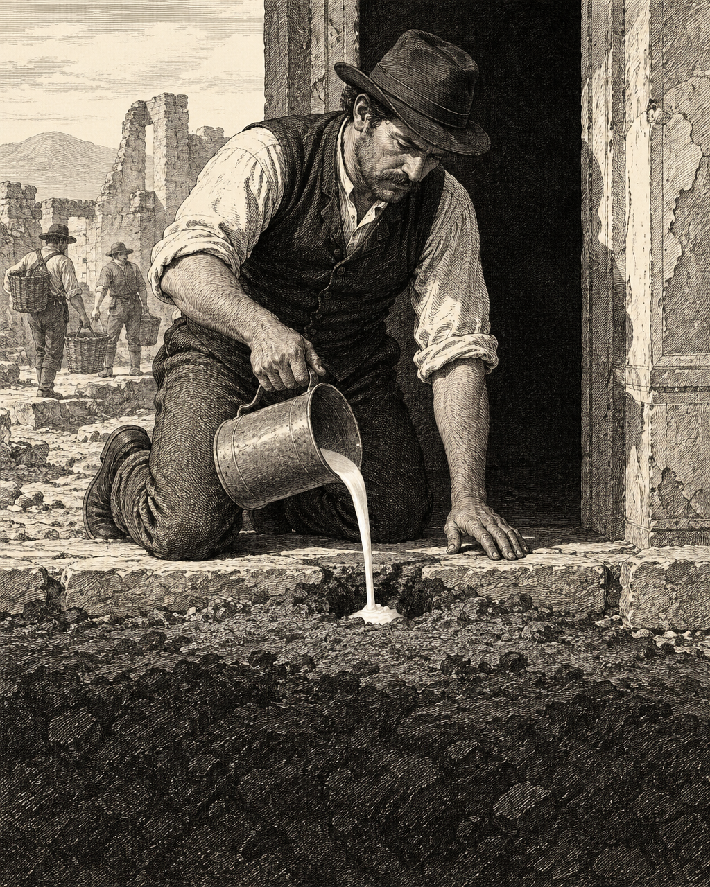 Grabado al estilo de un periódico ilustrado del siglo XIX: un capataz de excavación con chaleco, camisa arremangada y sombrero de fieltro vierte yeso líquido blanco, arrodillado en el umbral de piedra de una casa romana en ruinas