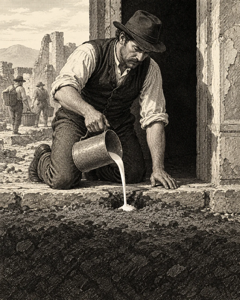Pompeya avisaba «cuidado con el perro», pero cuando cayó la ceniza nadie soltó a un guardián encadenado 4 Grabado al estilo de un periódico ilustrado del siglo XIX: un capataz de excavación con chaleco, camisa arremangada y sombrero de fieltro vierte yeso líquido blanco, arrodillado en el umbral de piedra de una casa romana en ruinas