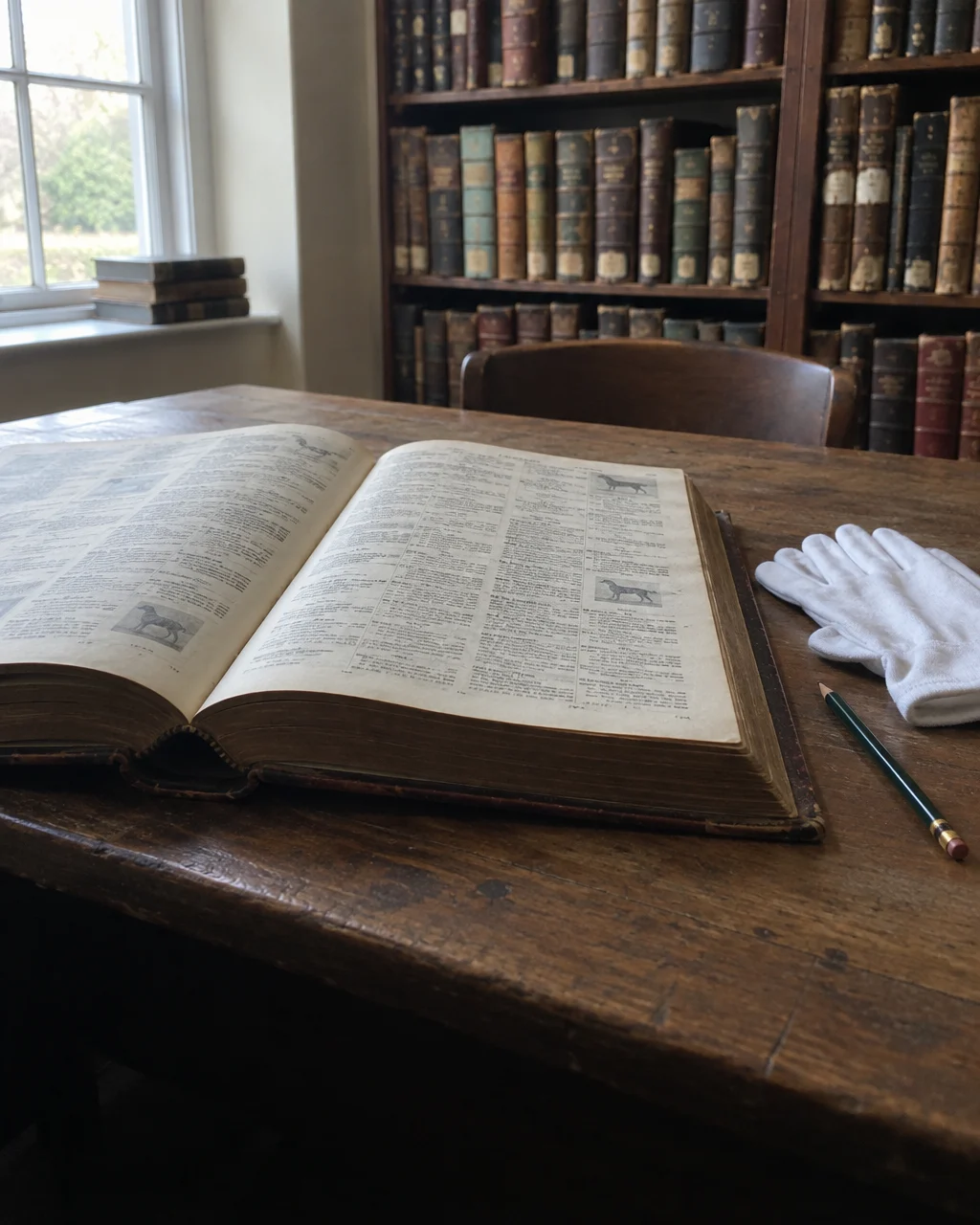 Un grueso libro genealógico encuadernado en cuero, abierto sobre una mesa de madera en la sala de lectura de un archivo, junto a guantes blancos de algodón y un lápiz