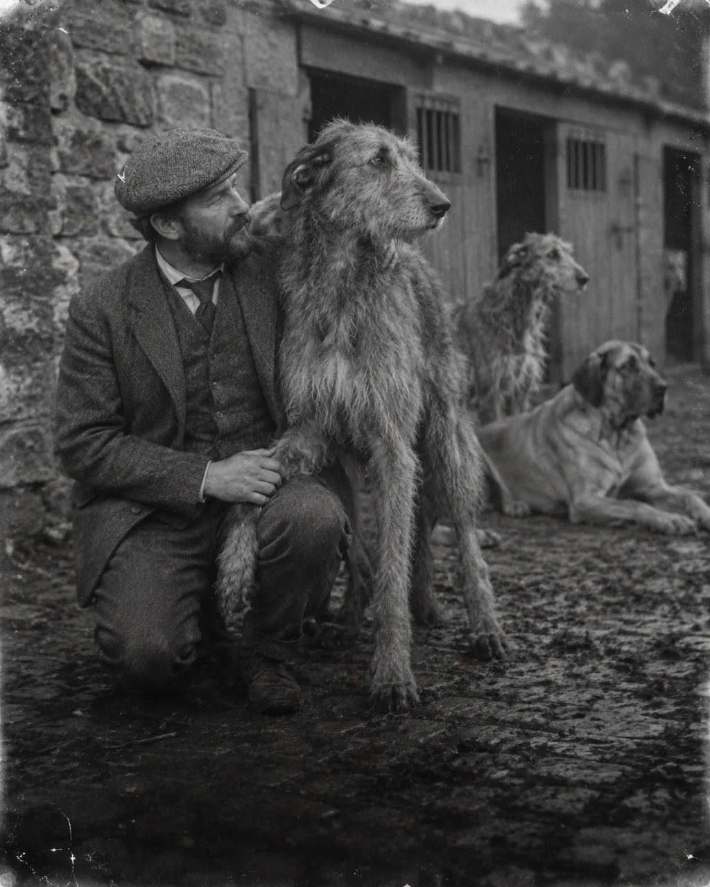 Fotografía antigua en blanco y negro de un criador con chaqueta de tweed y gorra, arrodillado en un patio de piedra junto a un perro muy alto de pelo áspero, de tipo lebrel