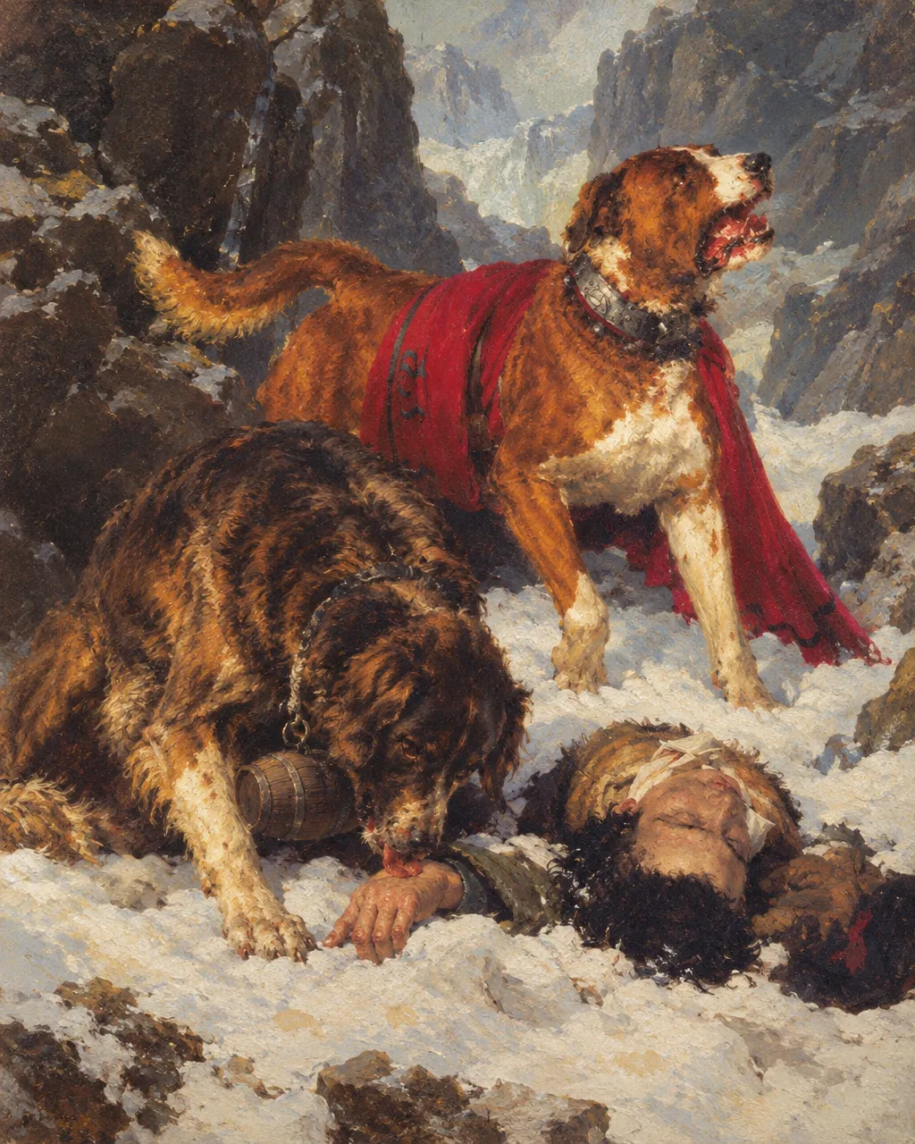 El barril del San Bernardo nació en un cuadro pintado por un muchacho de 18 años 4 Pintura al óleo al estilo de Landseer que muestra la misma escena desde otro ángulo: un perro de pelo largo café oscuro se inclina sobre un hombre tendido en la nieve y le lame la mano desnuda.