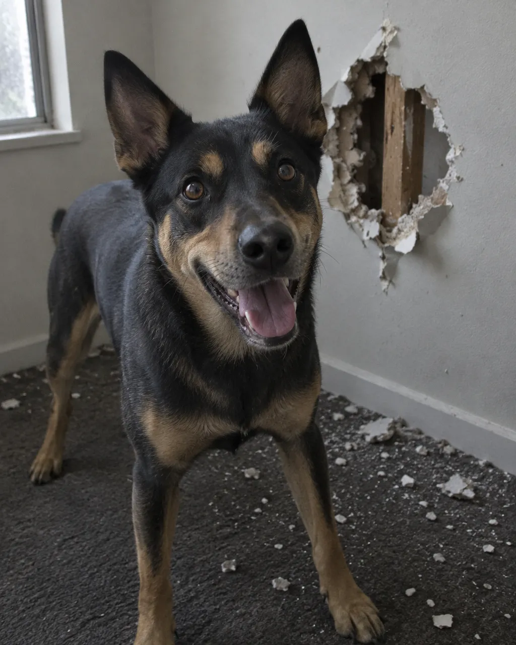 Un perro joven de tipo koolie, alerta y con las orejas erguidas, dentro de un departamento pequeño y austero.