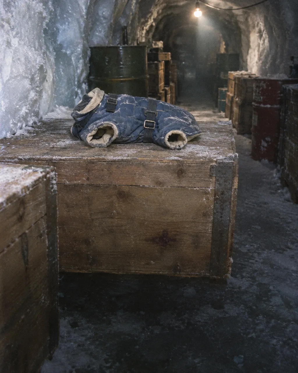 Un abrigo acolchado para perro pequeño, con correas y hebillas, sobre una caja de madera en un túnel de hielo lleno de cajas de suministros y bidones de combustible