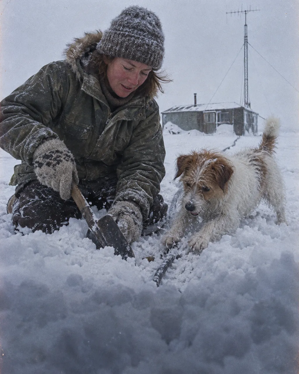 Una mujer con parka acolchada y gorro de lana, arrodillada en la nieve, desentierra con una pala un cable de antena junto a un pequeño terrier de pelo largo, con una cabaña nevada y un mástil de radio al fondo