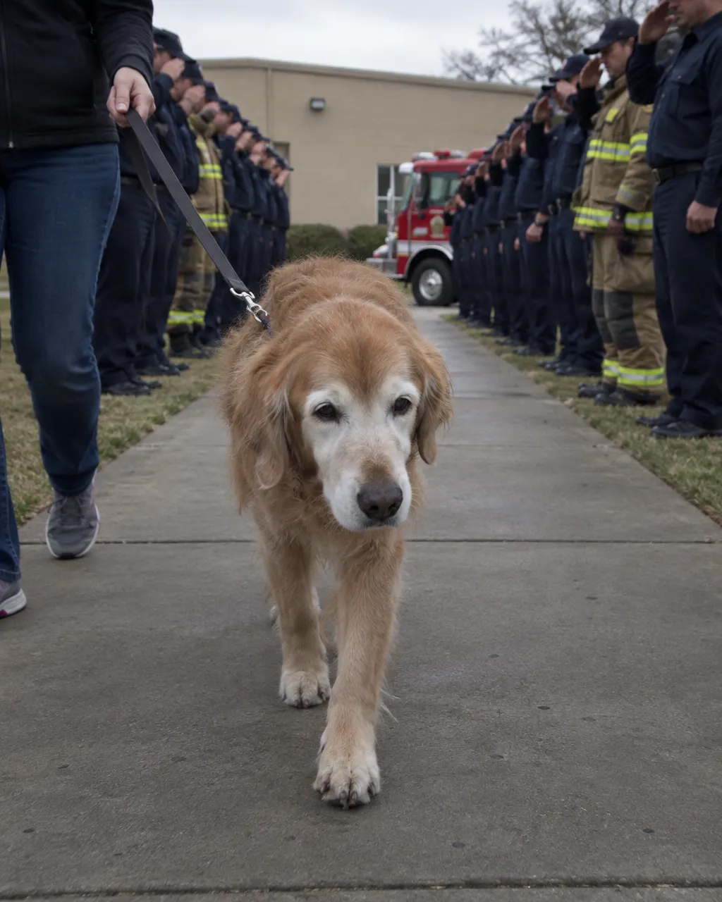 Dos docenas de bomberos se cuadraron ante una golden de 16 años que buscó sobrevivientes del 11-S 4 Un golden retriever anciano, de hocico canoso y pelo ralo, camina despacio por una acera con la correa floja