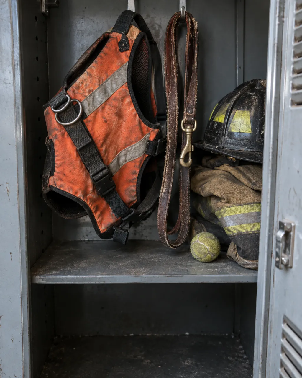 Dos docenas de bomberos se cuadraron ante una golden de 16 años que buscó sobrevivientes del 11-S 6 Un chaleco naranja de búsqueda y rescate, descolorido, y una correa de cuero gastada cuelgan en un casillero metálico junto a un casco abollado y una pelota de tenis