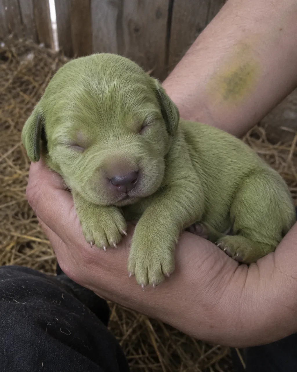 Un cachorro nació verde entre 4 hermanos blancos, teñido por el pigmento de los moretones 3 Cachorro recién nacido de pelo corto teñido de verde pistacho, con los ojos cerrados, acurrucado en dos manos abiertas