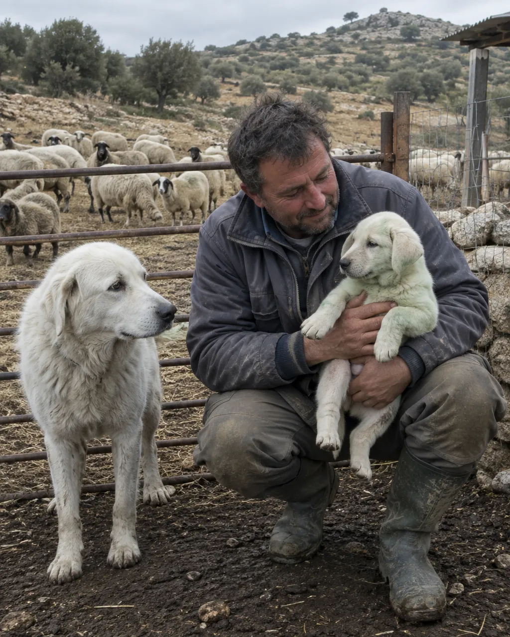 Un cachorro nació verde entre 4 hermanos blancos, teñido por el pigmento de los moretones 5 Granjero agachado en la puerta de un corral de ovejas, en una colina mediterránea, con un cachorro de pocas semanas de pelo pálido y tinte verdoso en las manos; a su lado, una perra adulta blanca, y al fondo un rebaño