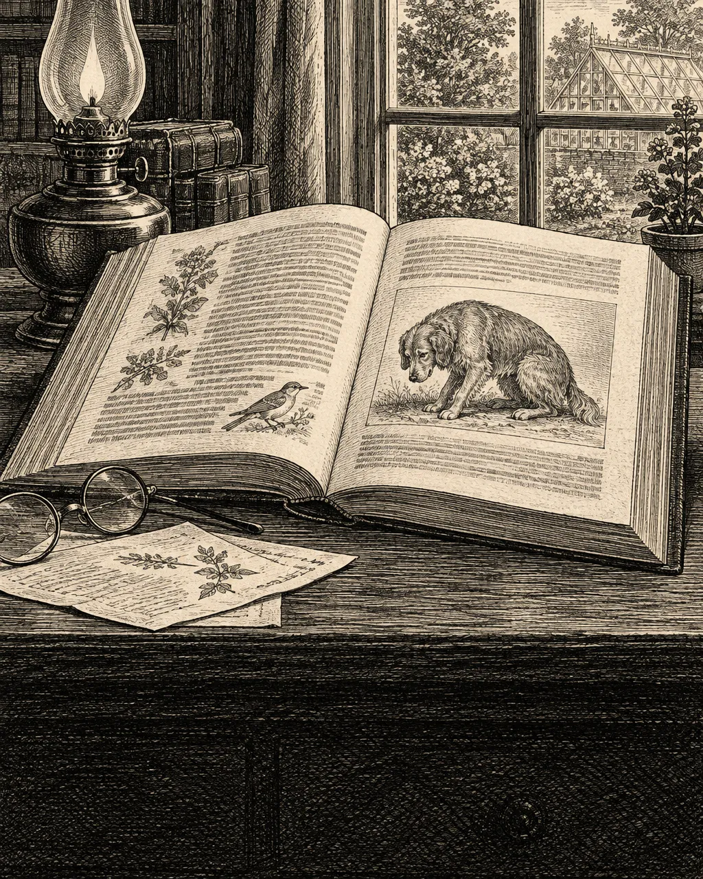 Grabado de un libro abierto sobre un escritorio victoriano, junto a una lámpara de aceite, unas gafas y notas sueltas, con la lámina de un perro grande en actitud humilde