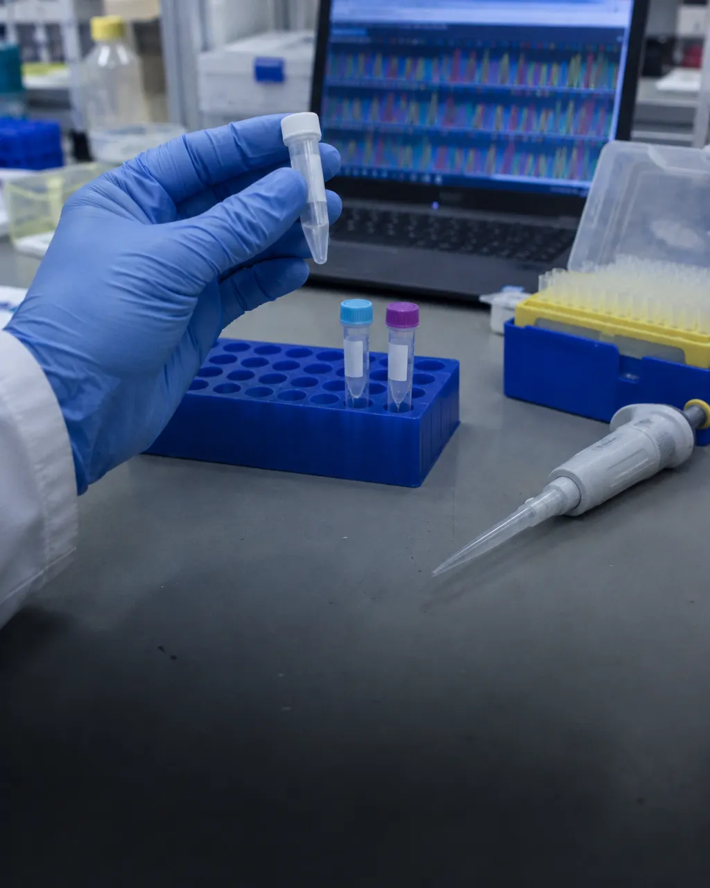 Mano con guante de laboratorio sostiene un tubo de muestra de ADN junto a otros dos en una gradilla, con una pipeta y una computadora portátil desenfocada al fondo