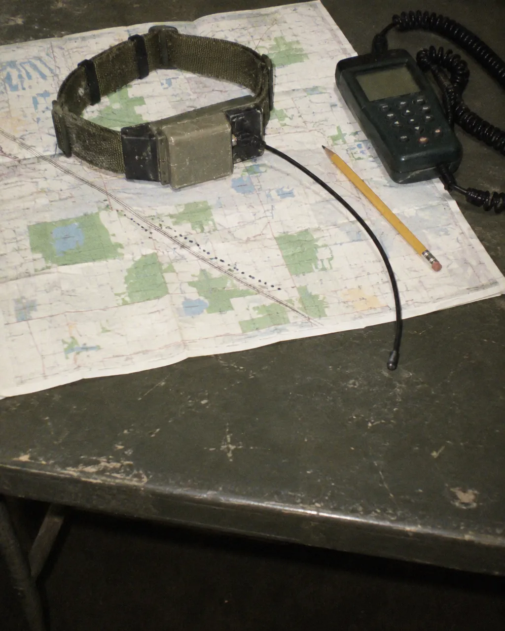 Miles de coyotes viven entre la gente de Chicago y casi nadie los ve 3 Collar de radio con banda de nailon gastada, batería, transmisor y una antena fina, sobre una mesa plegable de campo